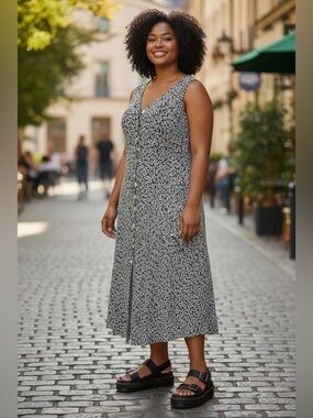 Vintage 90s Grunge Black & White Floral Button Front Maxi Dress with Strappy Bac